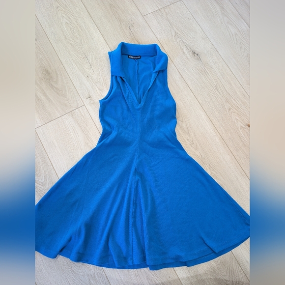  Zara cobalt blue collared V-neck ribbed sleeveless fit and flare mini dress - Picture 2 of 8